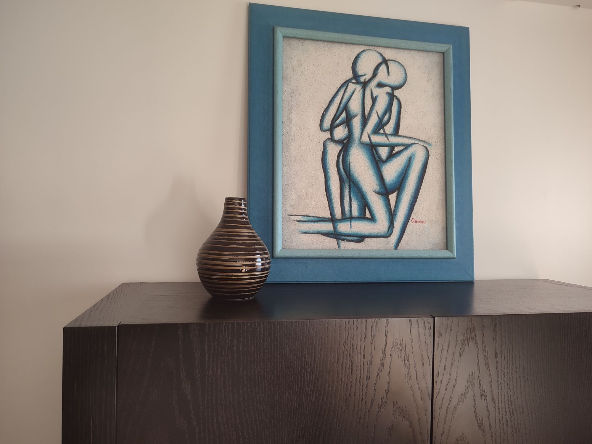 Pintura a óleo em areia, com moldura azul
