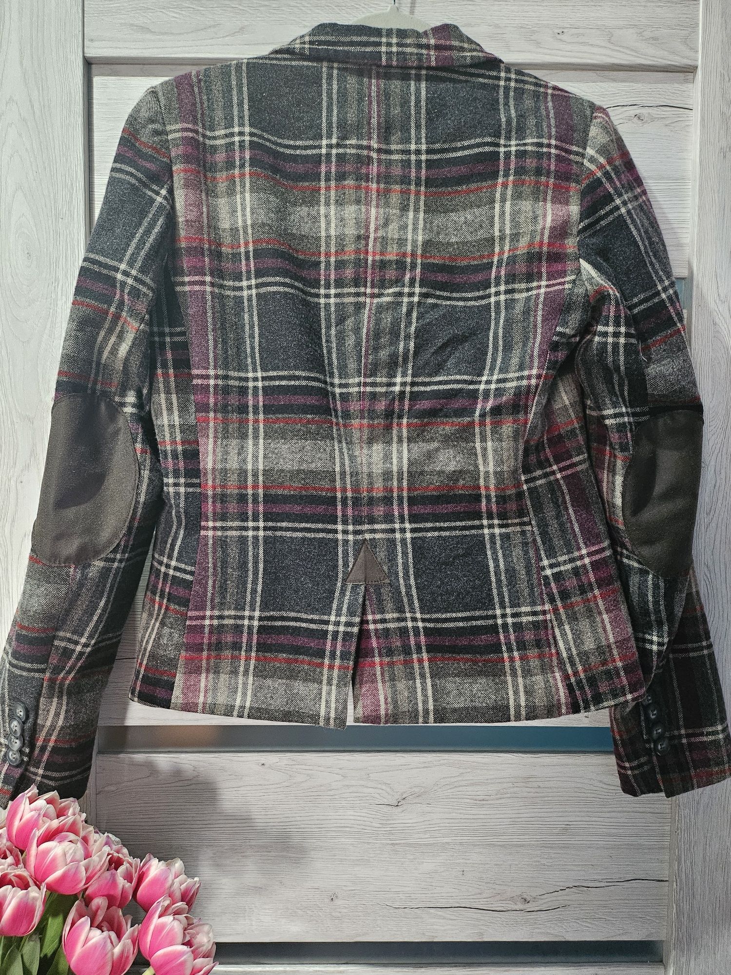 Marynarka/Żakiet Vintage, Retro, brązowa,w czerwono jasną kratę,wełna