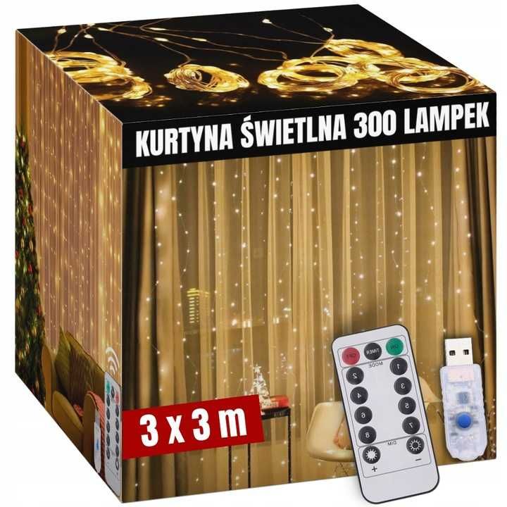 Kurtyna świetlna 3x3m 300LED Girlanda na okno lampki na drucie Haczyki