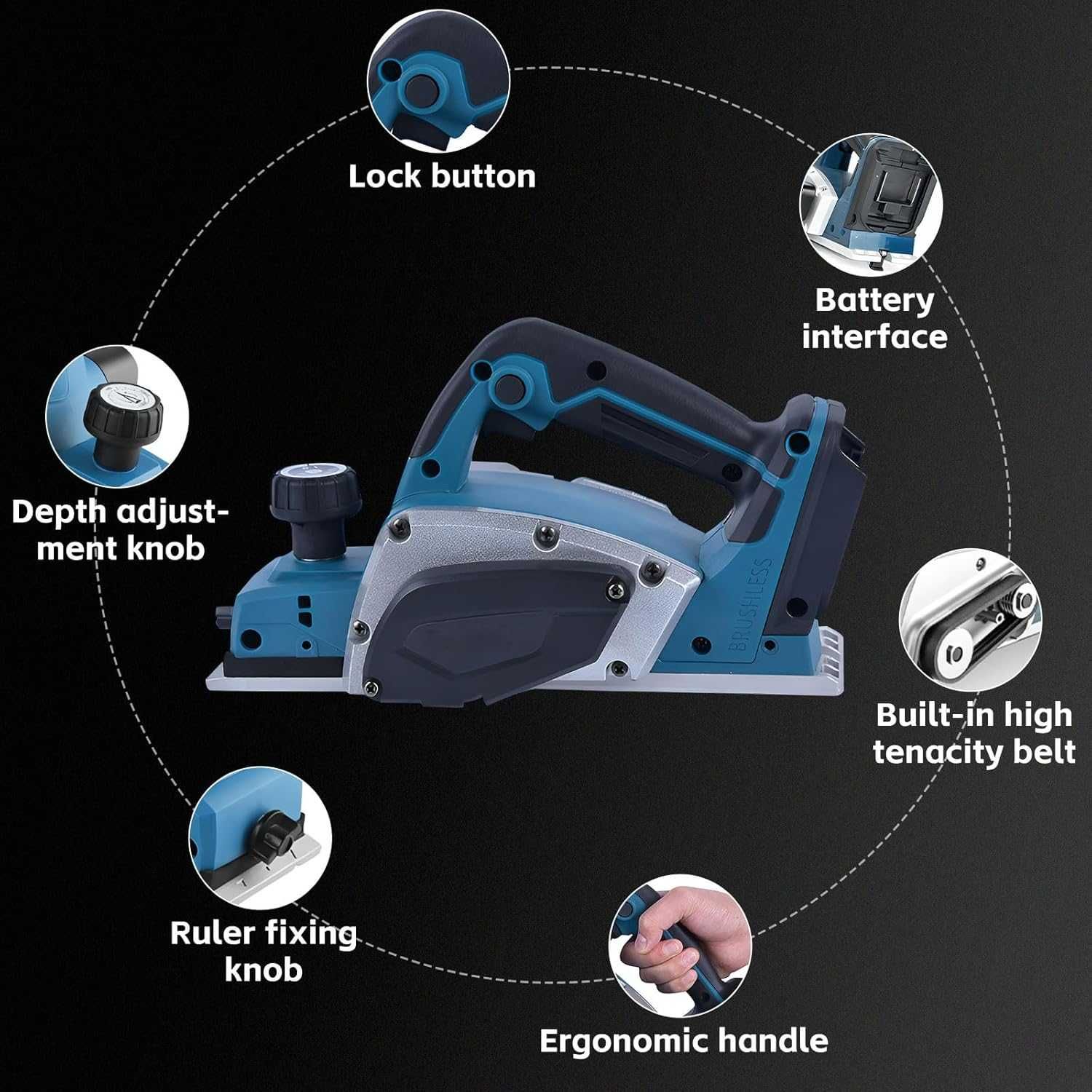 Рубанок акумуляторний  HEBERUCK для батареї Makita 18 В, 3200 об./хв.