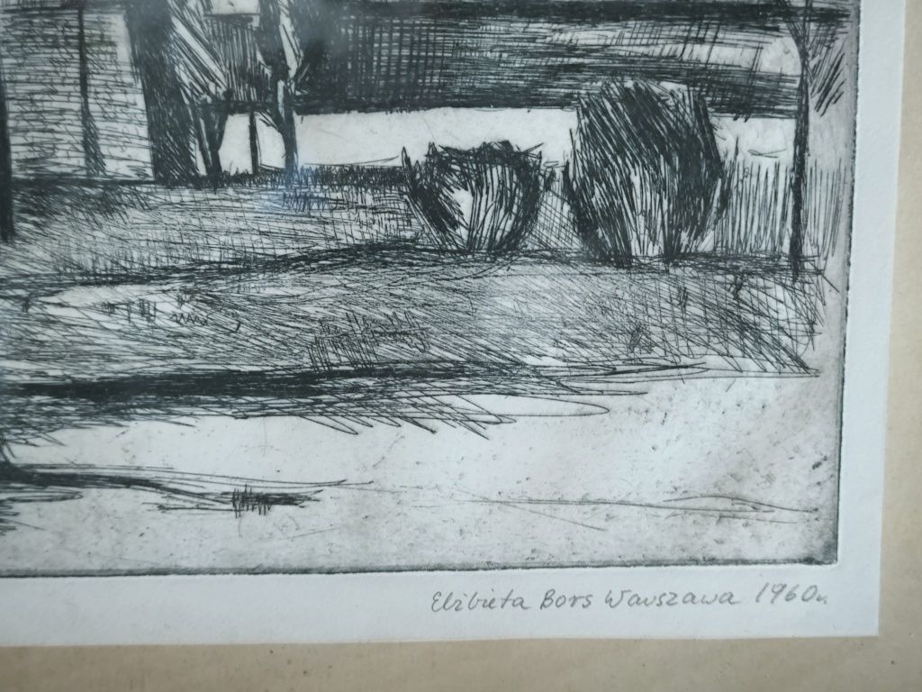 Elżbieta Bors 1960 grafika Akwaforta Warszawa Motyw z Mariensztatu PRL