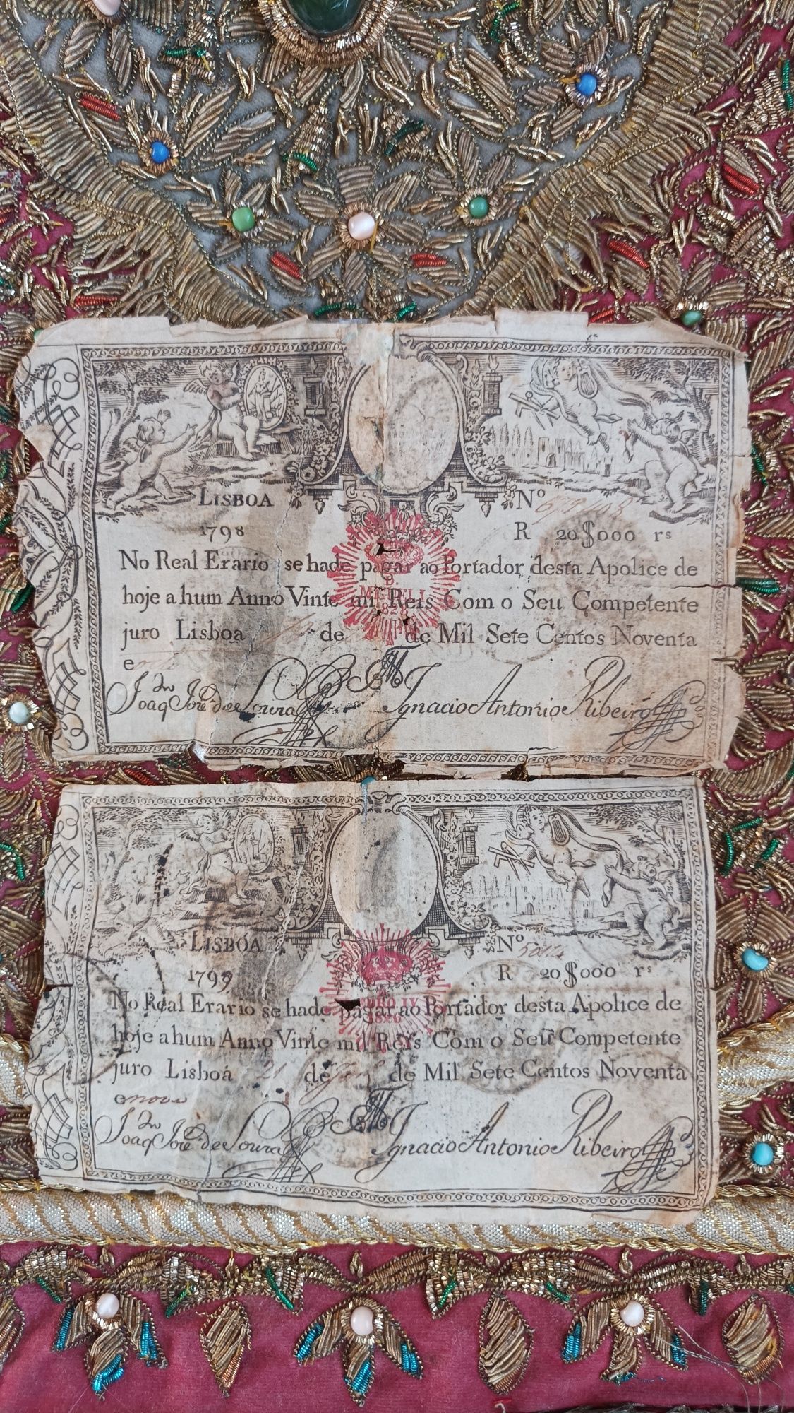 2 apólices 20.000 reis real erário 1798 carimbos D.miguel e D.pedro