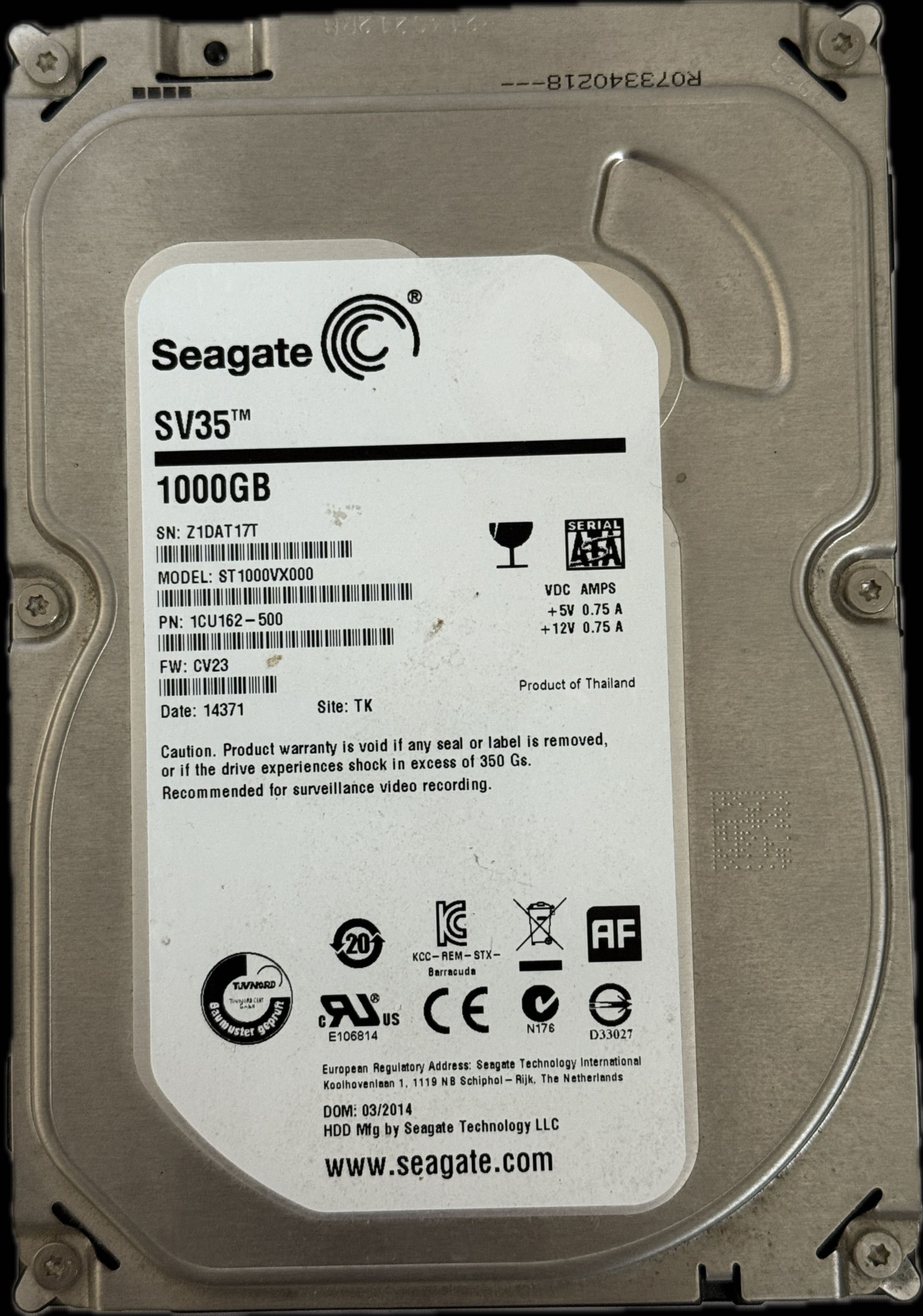 Dysk twardy HDD Seagate ST1000VX000 | FW CV12 | 1TB SATA 3,5"