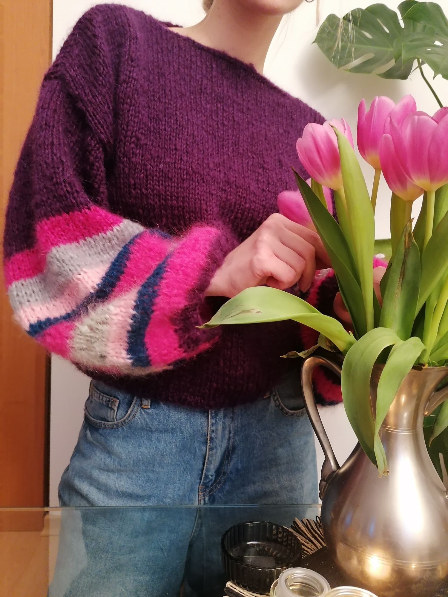 Fioletowo różowy sweter handmade ręcznie robiony na drutach moher S M