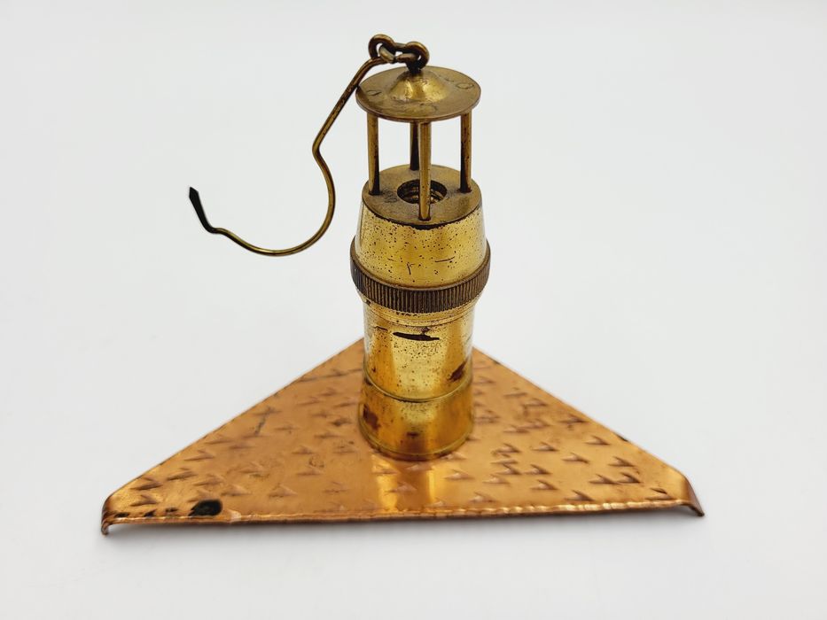 Ciekawa dekoracyjna mosiężno miedziana karbidówka lampka górnicza