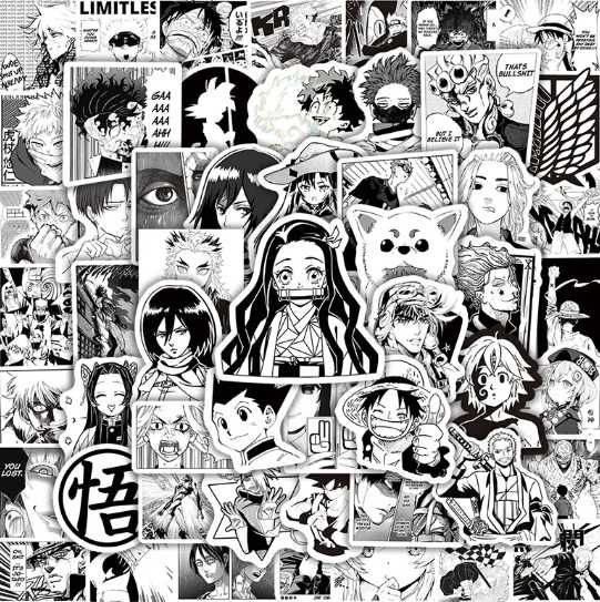 Наклейки стикеры с черно белые с героями из различных аниме 50 шт.
