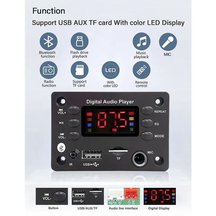 Аудио декодер Bluetooth, mp3 плеер, usb, приёмник, радио. Микрофон,FM