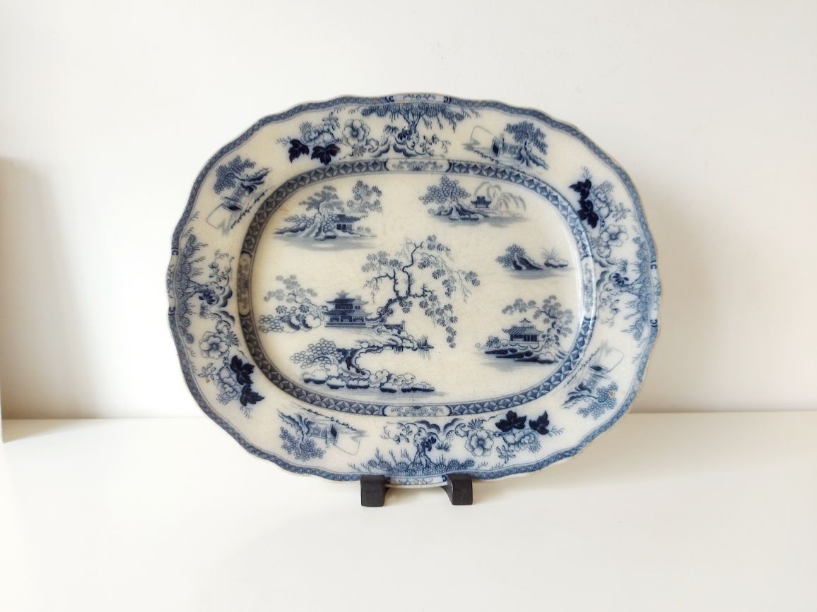 Travessa azul em porcelana inglesa J. Meier & Son do Séc. XIX
