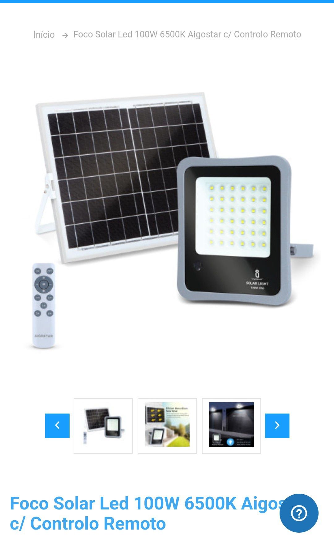 Projector led solar 100w c/ comando