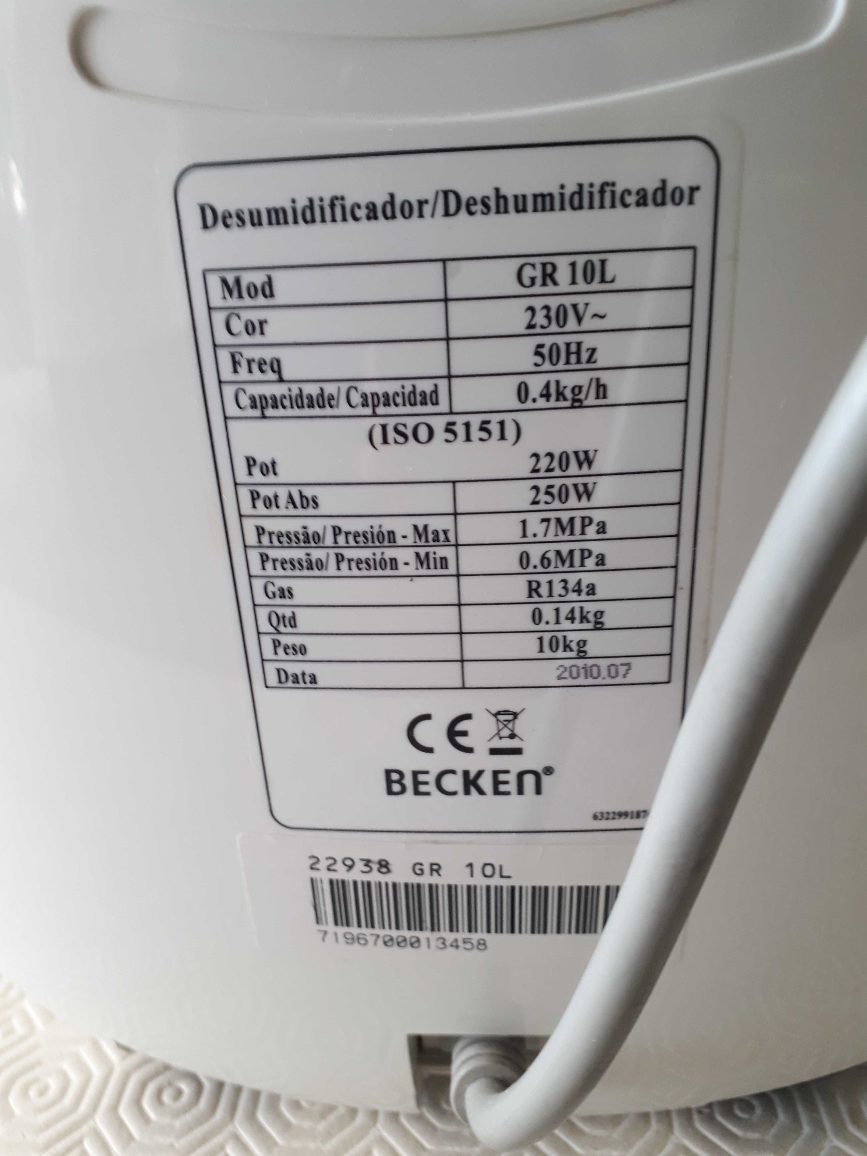 Desumidificador de ar Becken modelo GR 10L (para reparação ou peças)