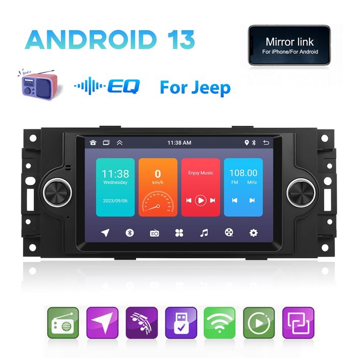 Rádio Android 13 6.2" p/ Jeep/Chrysler/Dodge | GPS | WiFi | EQ | NOVO