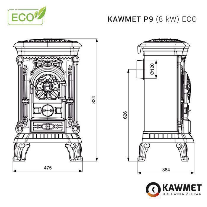 Koza żeliwna piec piecyk kominek na drewno KAWMET P9 8 kW EKOPROJEKT