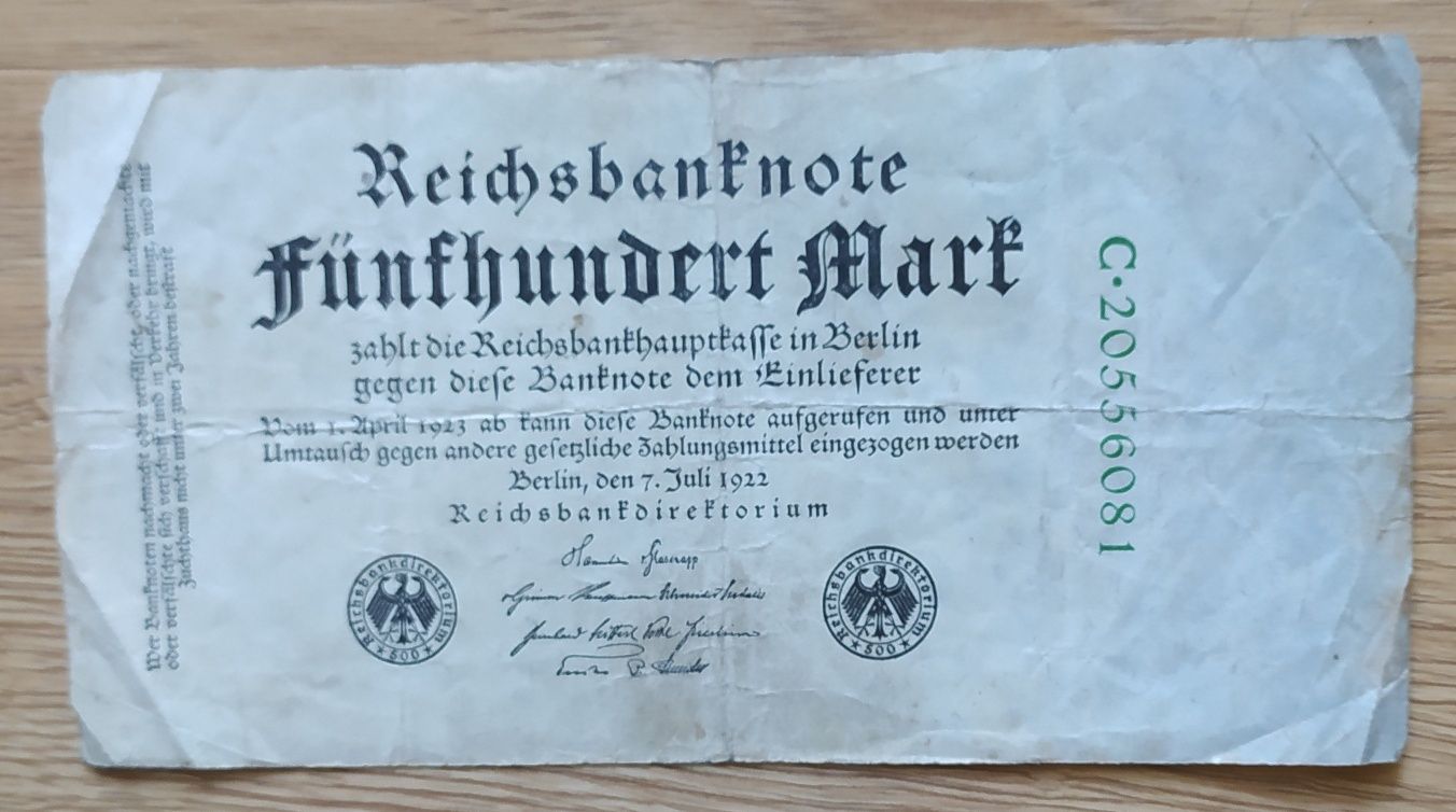 Banknot 500 marek , 1922 , państwo Niemcy