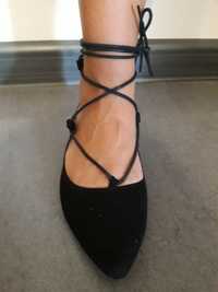 Czarne buty baleriny wiązane płaskie roz 37