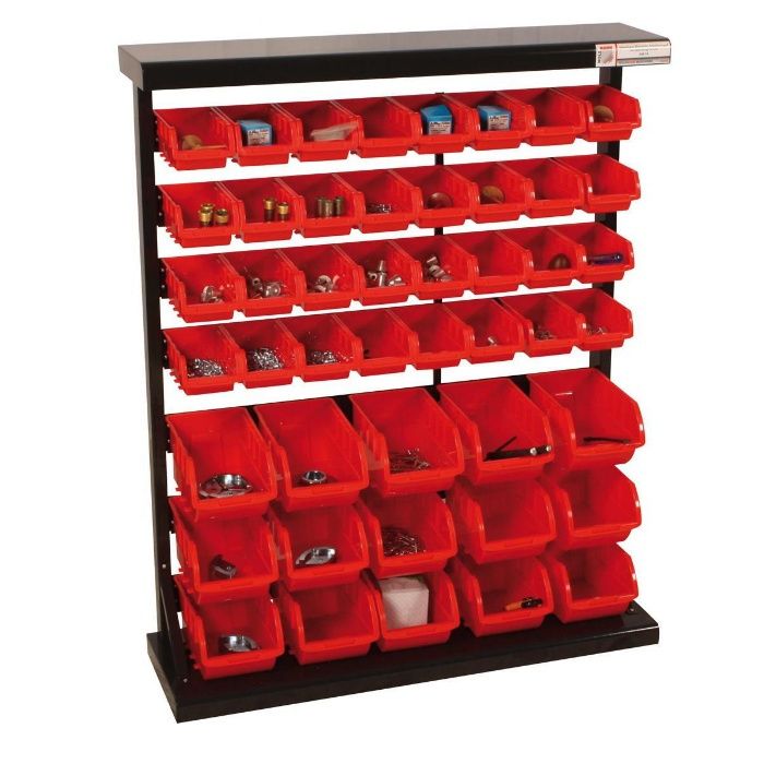Armário / estante metálico com 47 caixas stock em plástico
