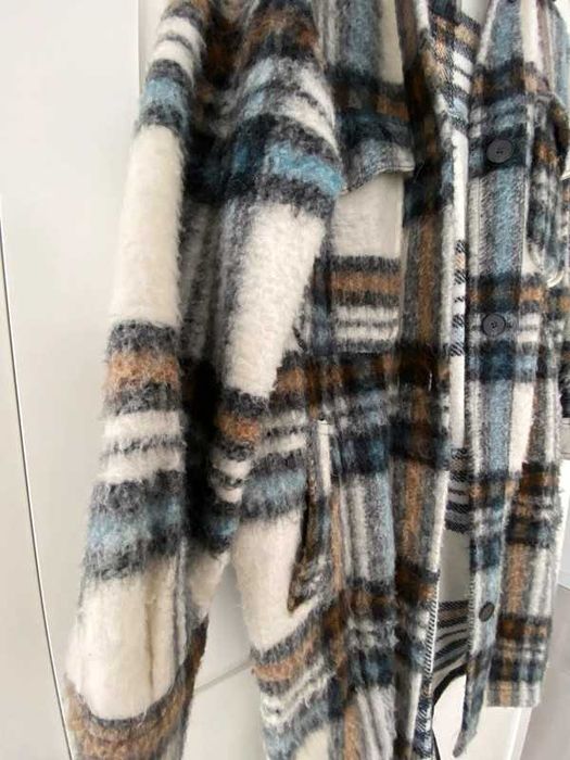 Bershka Płaszcz Krata BRĄZOWY BEŻOWY NIEBIESKI z domieszką wełny