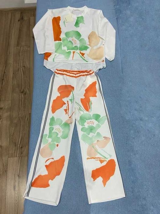italy new collection komplet dresowy biały kwiaty oversize lato wiosna