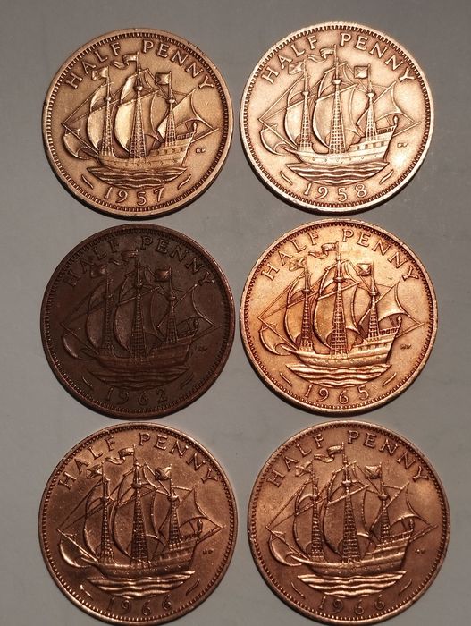 Moedas de 1/2 Penny Inglaterra de 1912 a 1966
