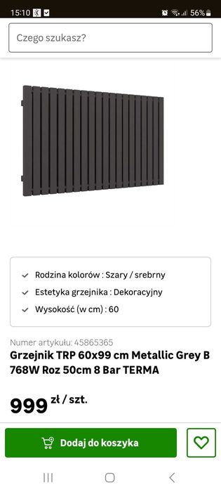 Grzejnik TRP 60x99 cm Metallic Grey B 768W Roz 54cm 8 Bar TERMA