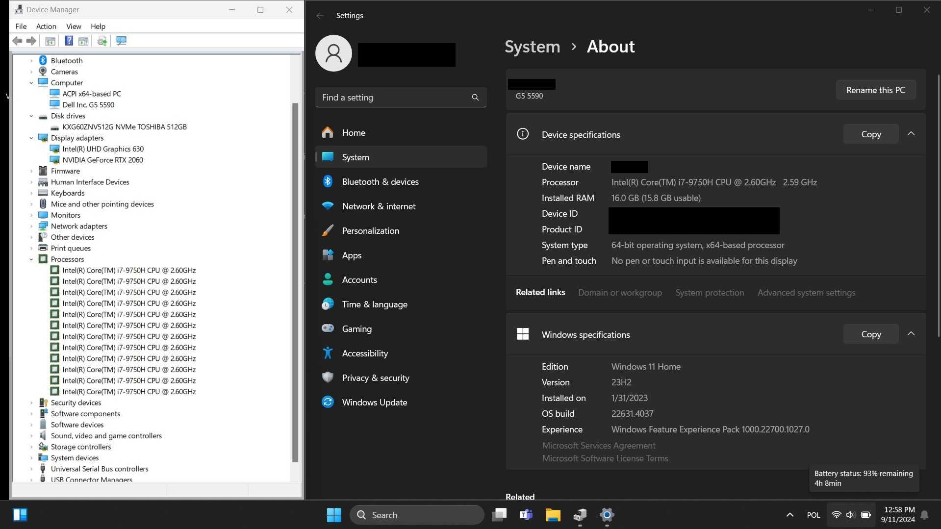 Laptop DELL G5 5590 i7-9750H 16GB RAM 512GB RTX2060 FHD W11. 144Hz