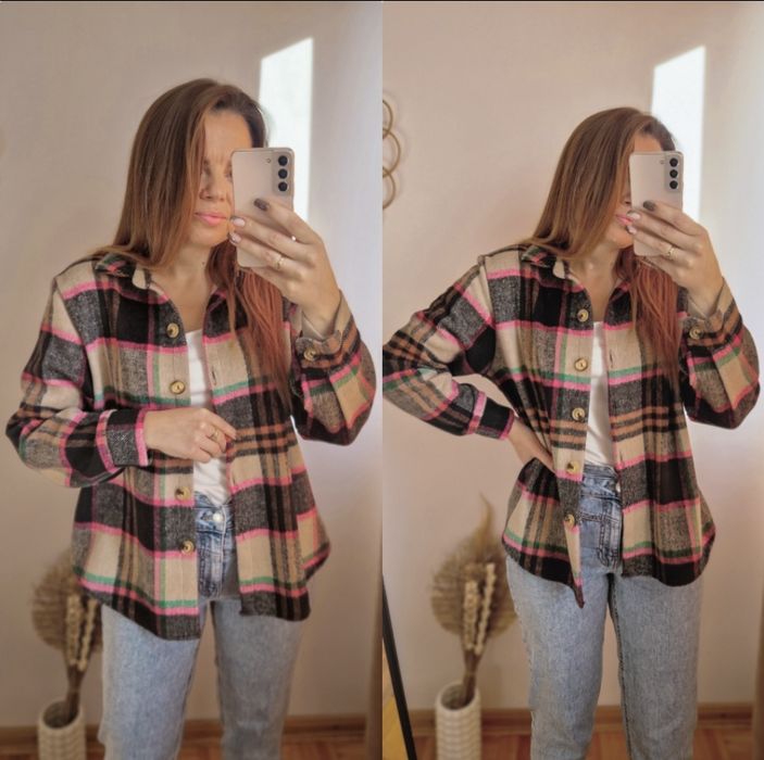 Kurtka koszulowa krata beżowa jesień Varlesca chicaca XS S M L