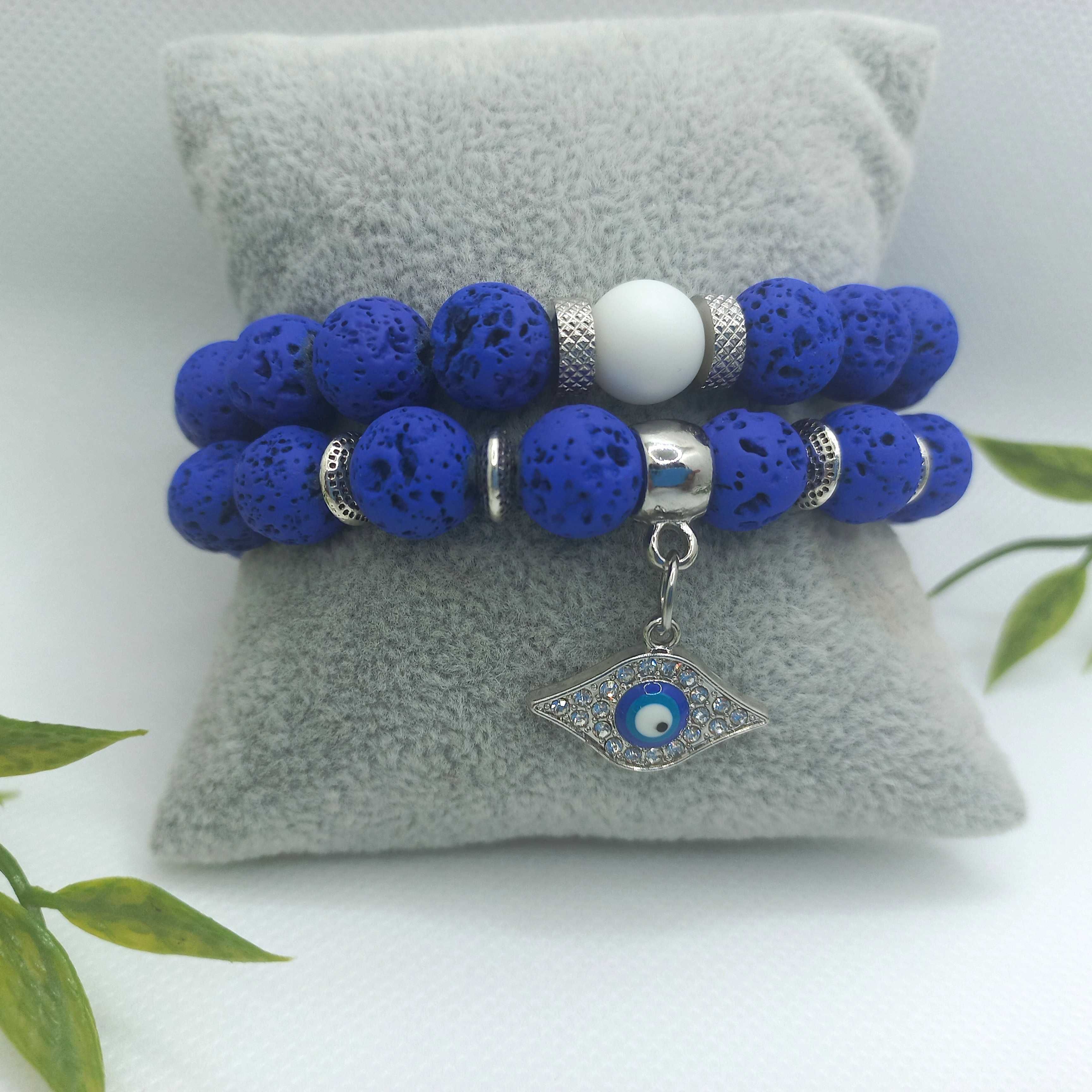 Chic blue lava evil eye pendant bracelet set for men.