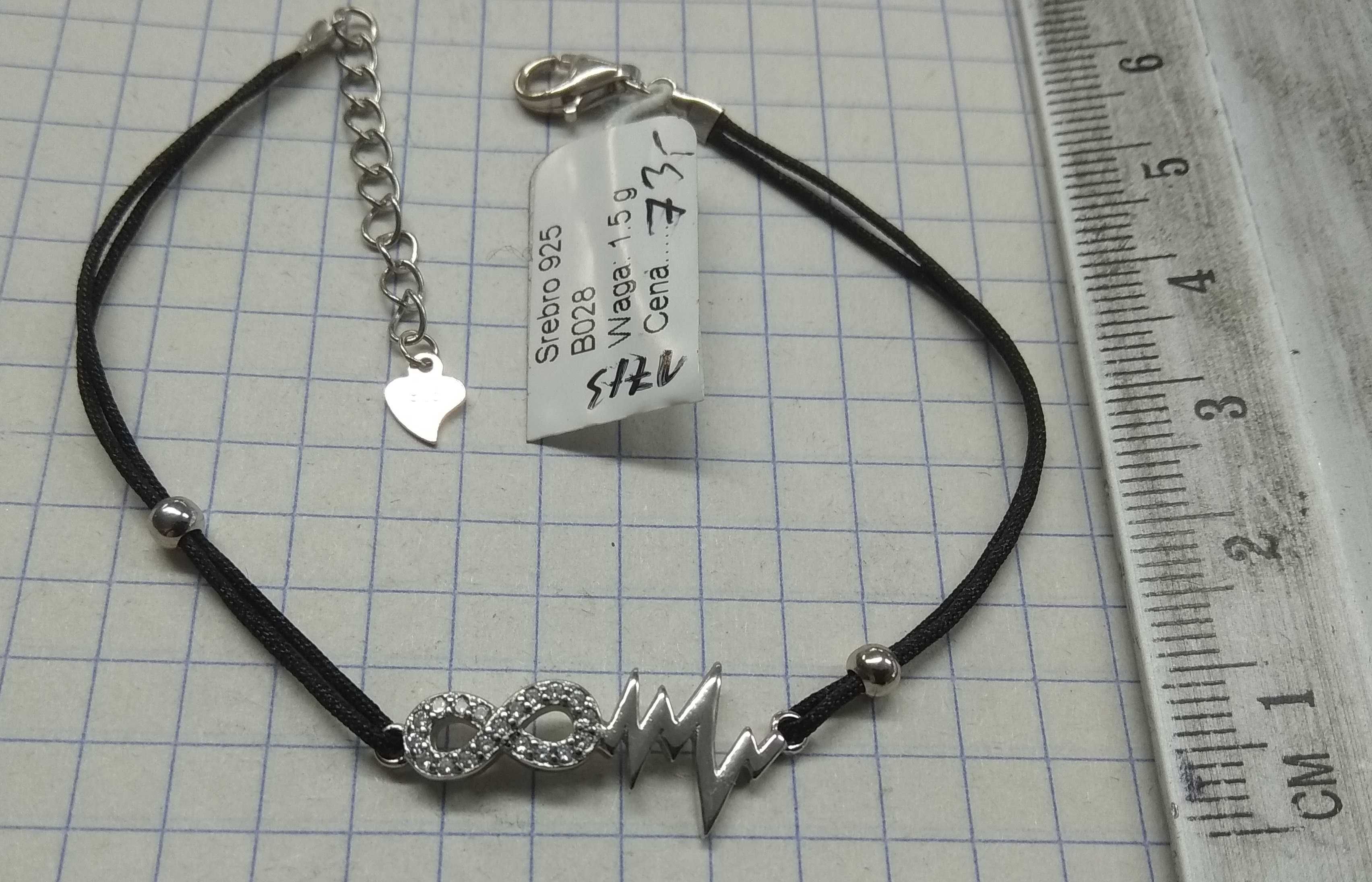 Bransoletka Kardio Linia Życia Sznurek Srebro 925 NOWE 17+3cm