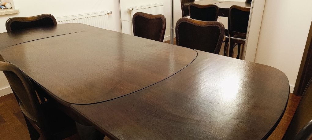 Piękny stół dębowy w stylu ludwiskowskim wraz kompletem 6 krzeseł