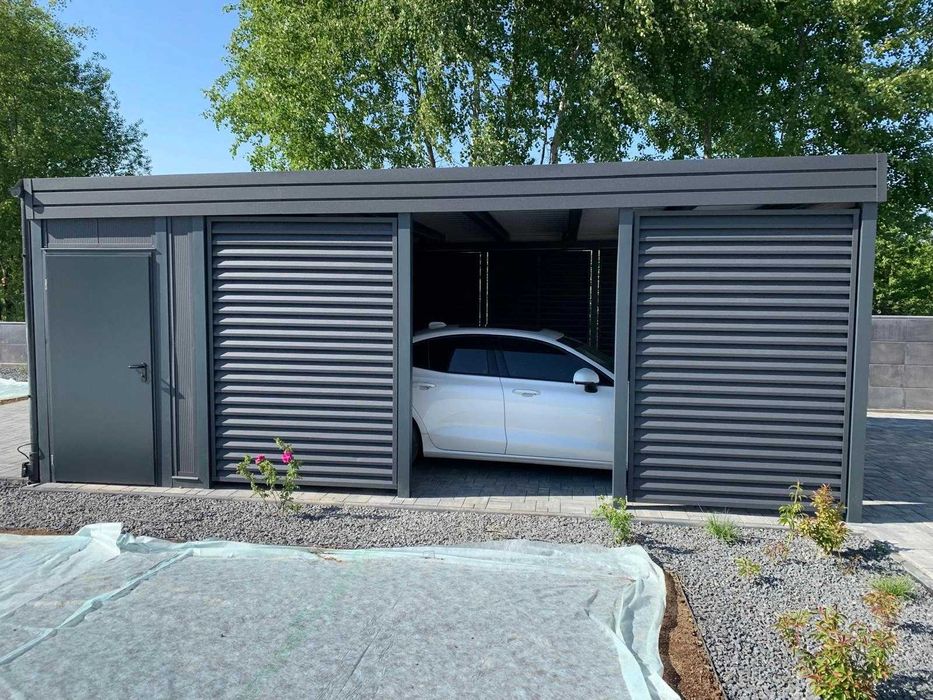 Wiata 5x7m z pomieszczeniem z tyłu PIR – żaluzja premium RAL 7016 (3D)