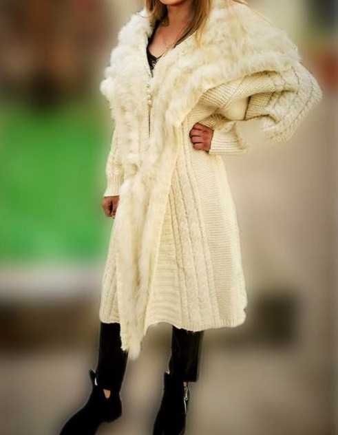 Sweter długi z futrem lis naturalny wełna