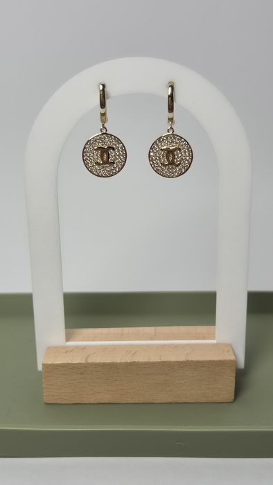 Nowe złote kolczyki typu Chanel,wiszące,koła,białe cyrkonie 585