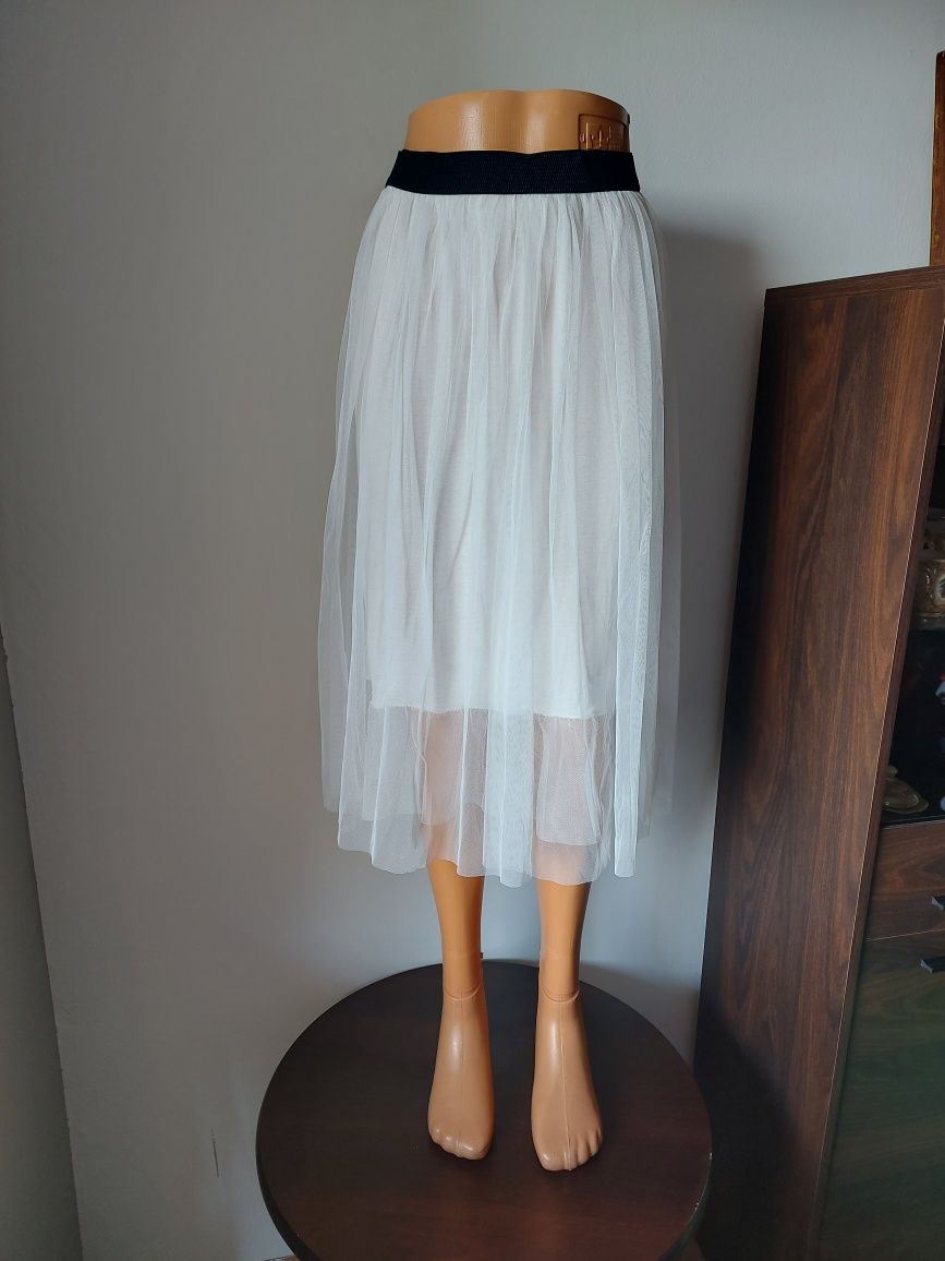 Biała tiulowa spódnica midi z czarną gumką Oversize S M L XL