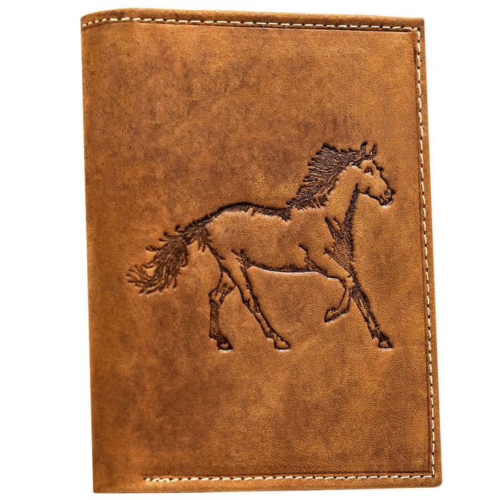 duży, skórzany portfel męski w kolorze brązowym z tłoczeniem