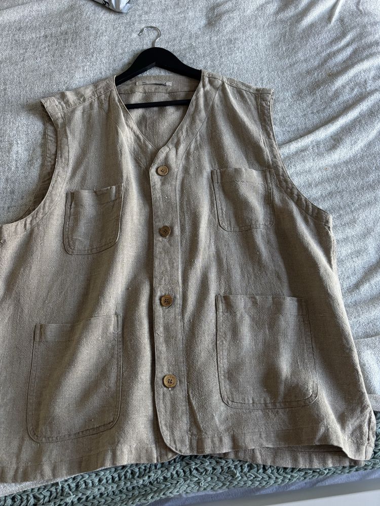 Kremowa lniana kamizelka w stylu vintage stan bdb