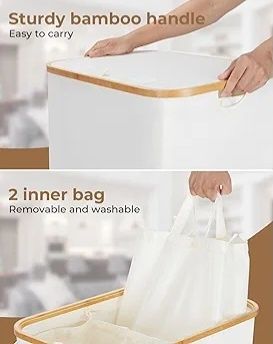 Kosz na pranie bieliznę yamagahome 140l duży beż bambusowa ramka