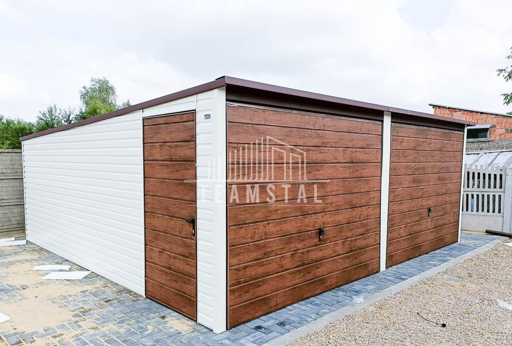 GARAŻ BLASZANY 6m x 6m poziom spad tył 2x Brama  drzwi TS252