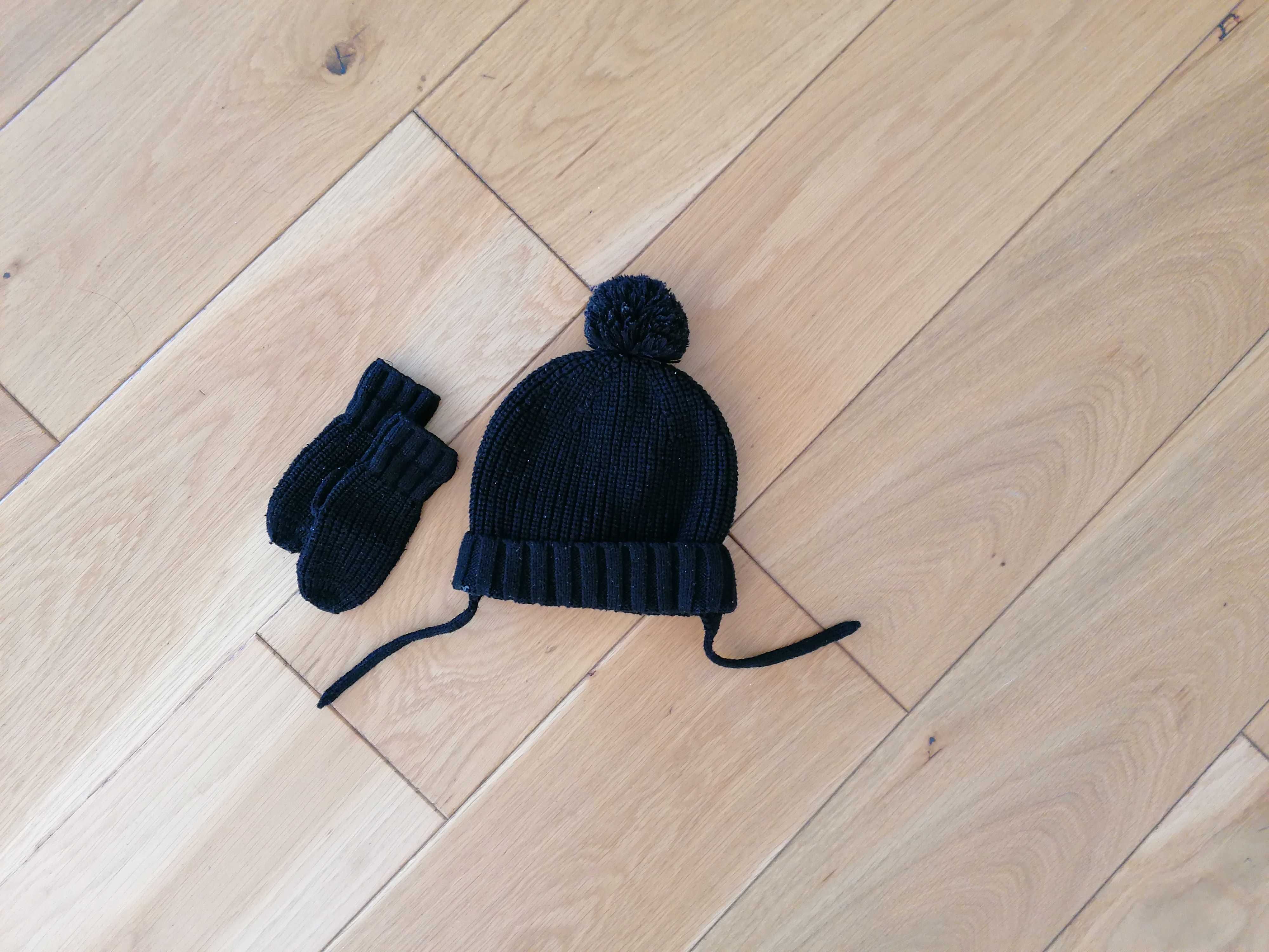 ZARA czarna czapka z pomponem + rękawiczki 50 cm 18-36m.