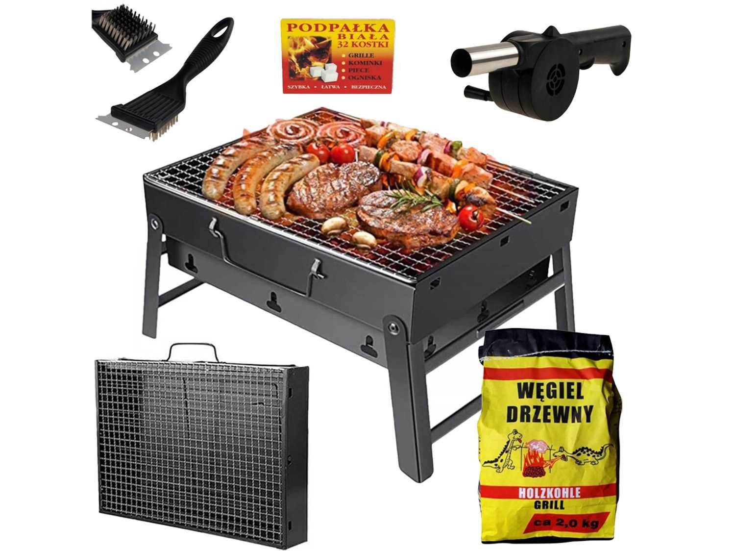 Składany Grill, przenośny turystyczny + Akcesoria Grillowe ZESTAW XL