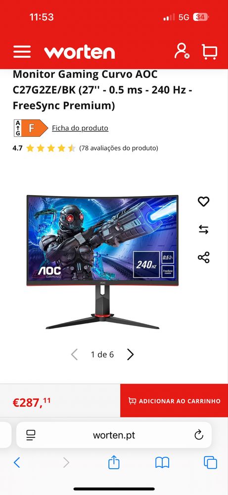 Monitor Curvo AOC 32” 240Hz 0,5ms
