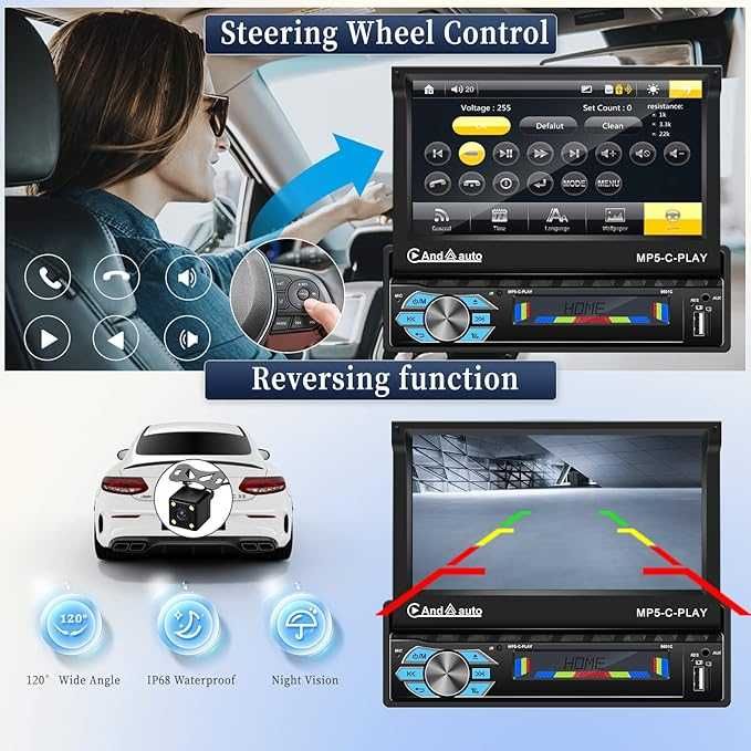 Radio samochodowe 1 DIN wysuwane  Carplay Android, ekran 7 cali