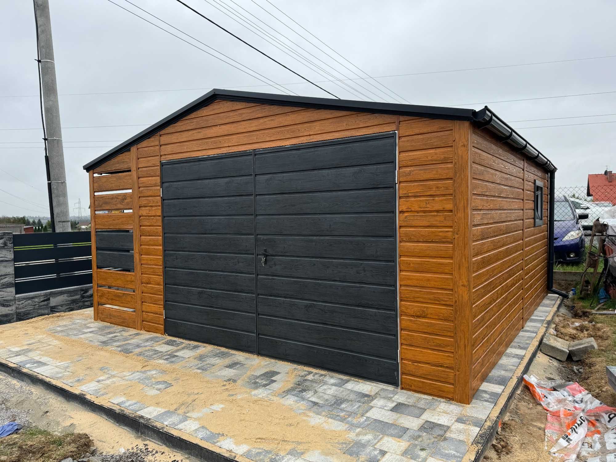 Garaż blaszany 5x6m dwuspadowy, złoty dąb + sosna/grafit, profil ocynk