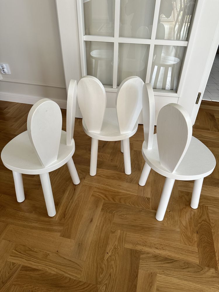 Krzesełka Dzieciece Drewniane Króliczki x3 Białe / Stan Idealny
