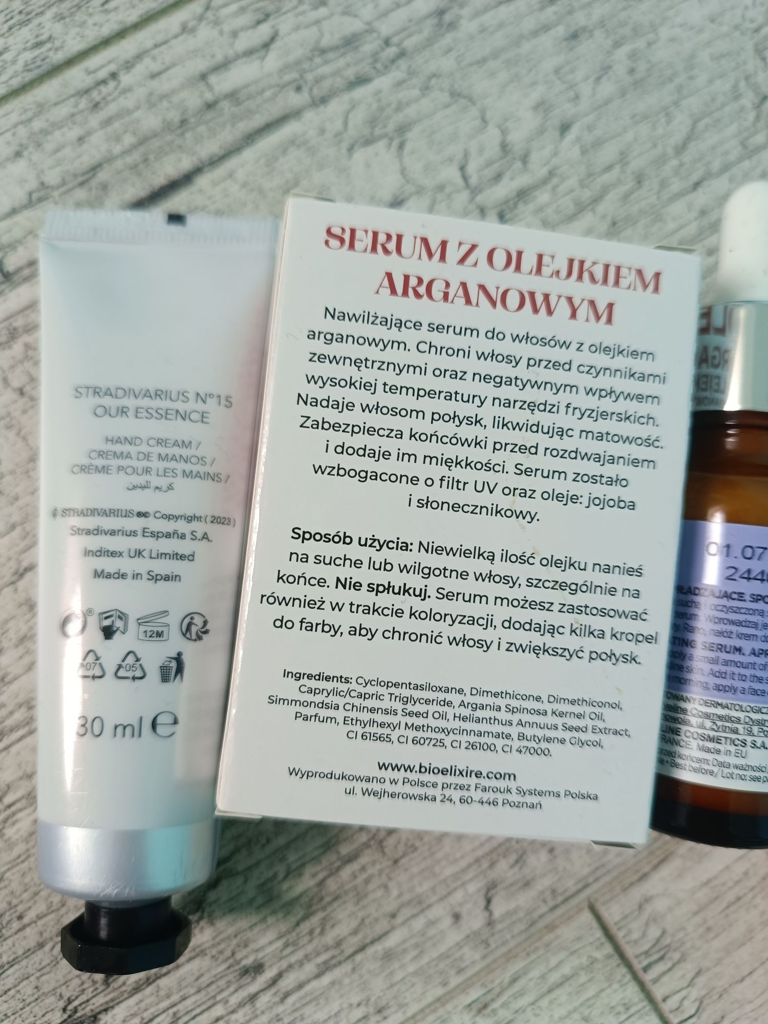 Zestaw kosmetyków retinol serum olejek do włosów krem do rąk peeling