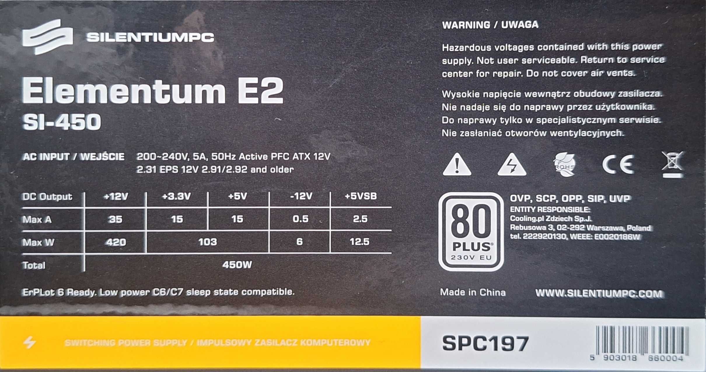 Zasilacz komputerowy SilentiumPC Elementum E2 SL-450 450Watt