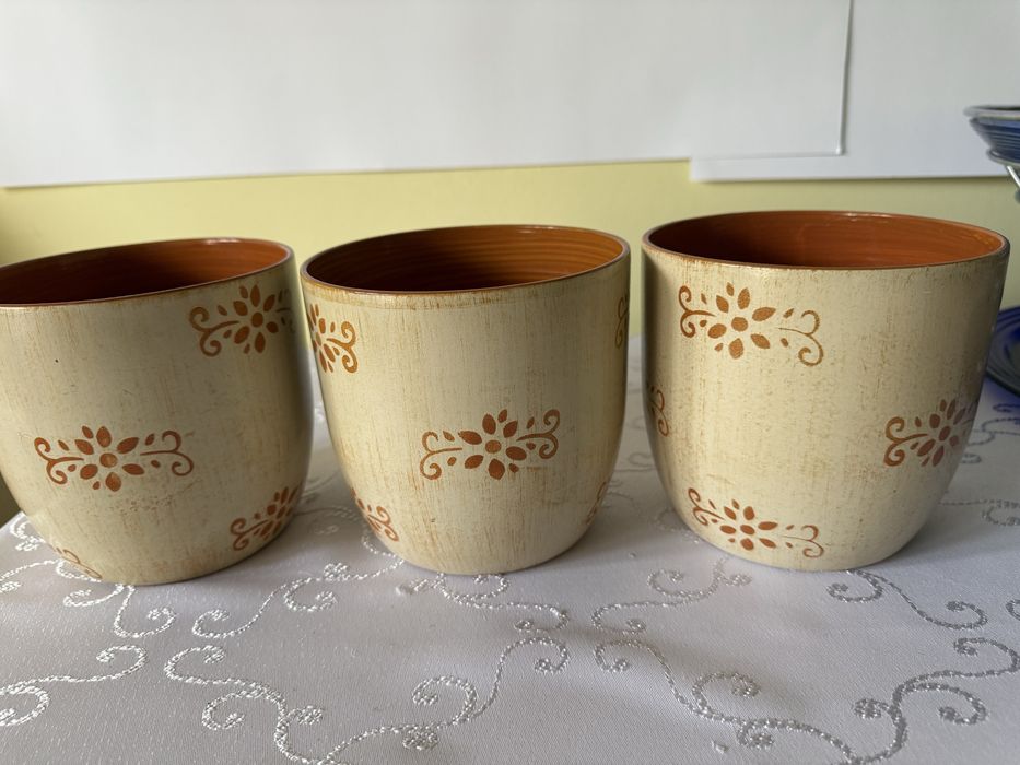 Donica Osłonka na Donicę Ceramiczna Doniczka ze Wzorem Kremowa 3szt