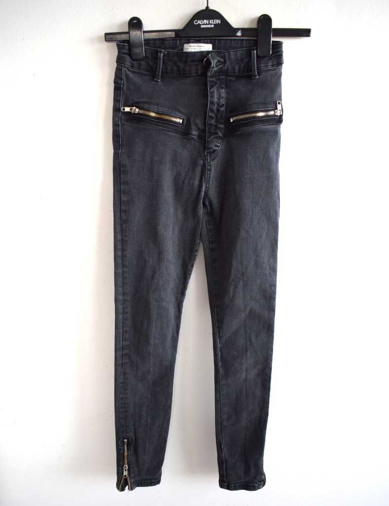 Zara woman spodnie jeansy jasno czarne premium 34 xs wysoki stan zipy
