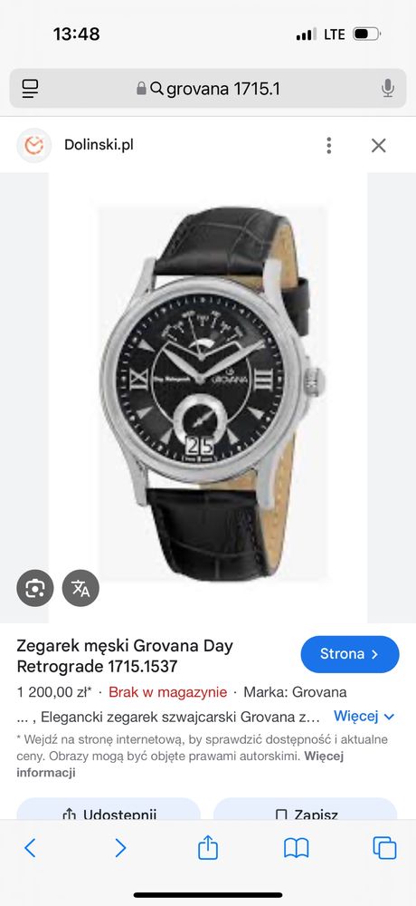 Oryginalny zegarek Grovana Day Retrograde 1715.1, stan jak nowy