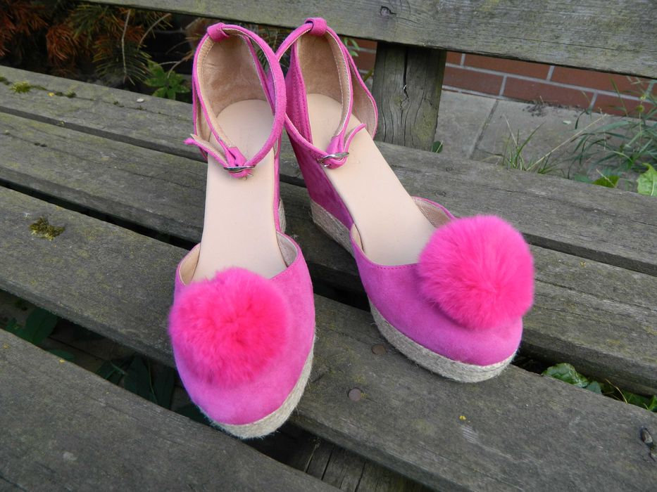 HISZPAŃSKIE koturny fuksja SKÓRA NATURALNA pompony Cuore Panico Ibiza