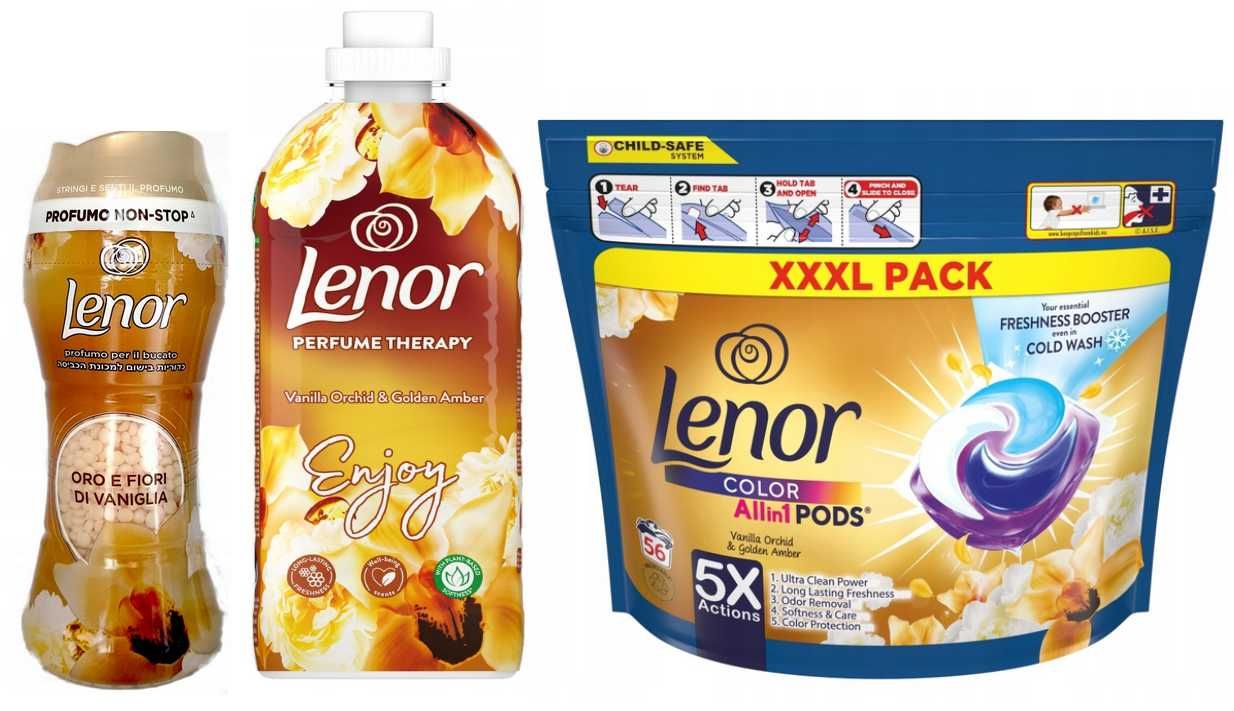 Lenor Złota Orchidea kapsułki do prania 56szt.płyn do płukania,perełki