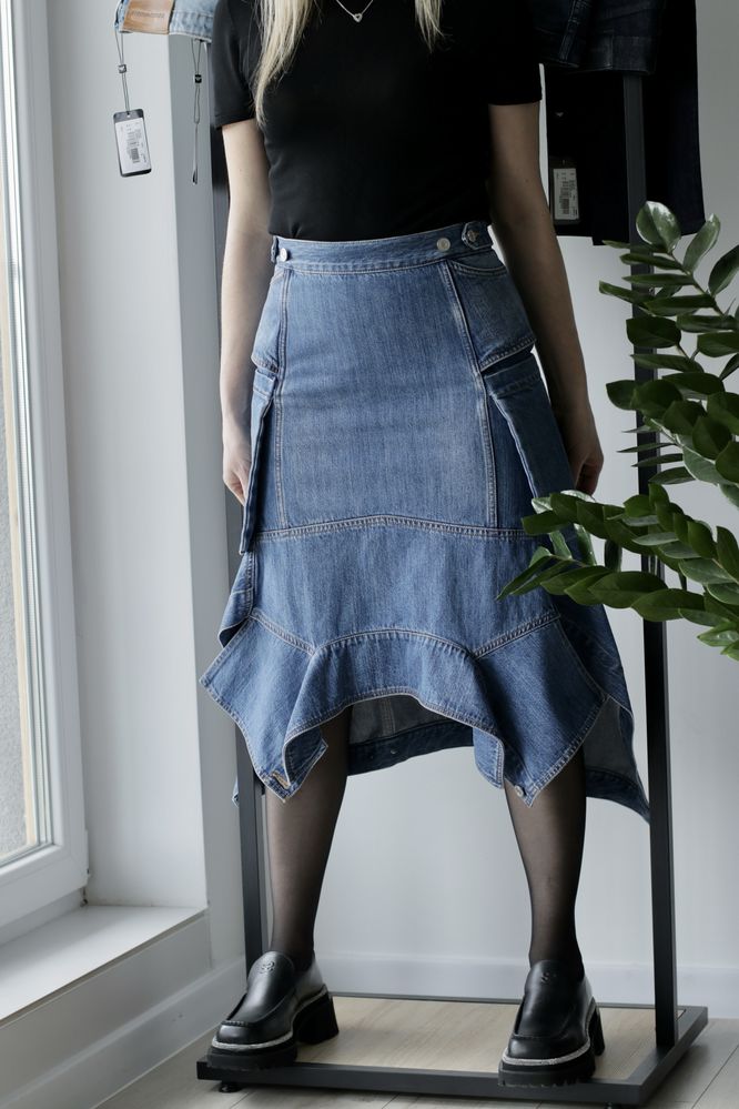 Астметритчна дизайнерська джинсова міді спідниця Sonia Rykiel